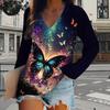 Luminous Butterfly Print Women Tshirts Ladies Tops Long Sleeve V-neck Pullover Femme T-shirts T Shirt For Women