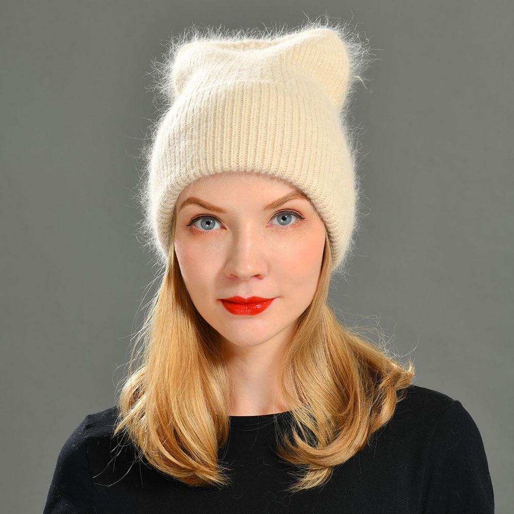 Autumn and winter new solid color ruffled cat ear hat warm wool hat angora rabbit down rabbit hair knitted hat cold hat