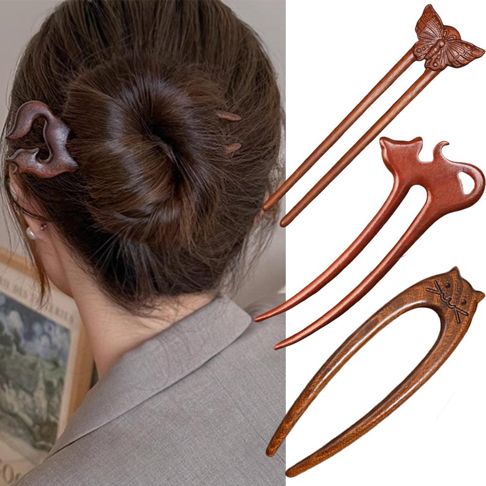 Wood Wooden Hair Stick U-Shaped Hair Fork Cat Butterfly Chinese Fashion Hairpin Buns Rabbit Headwear Girl Hair Accessories
