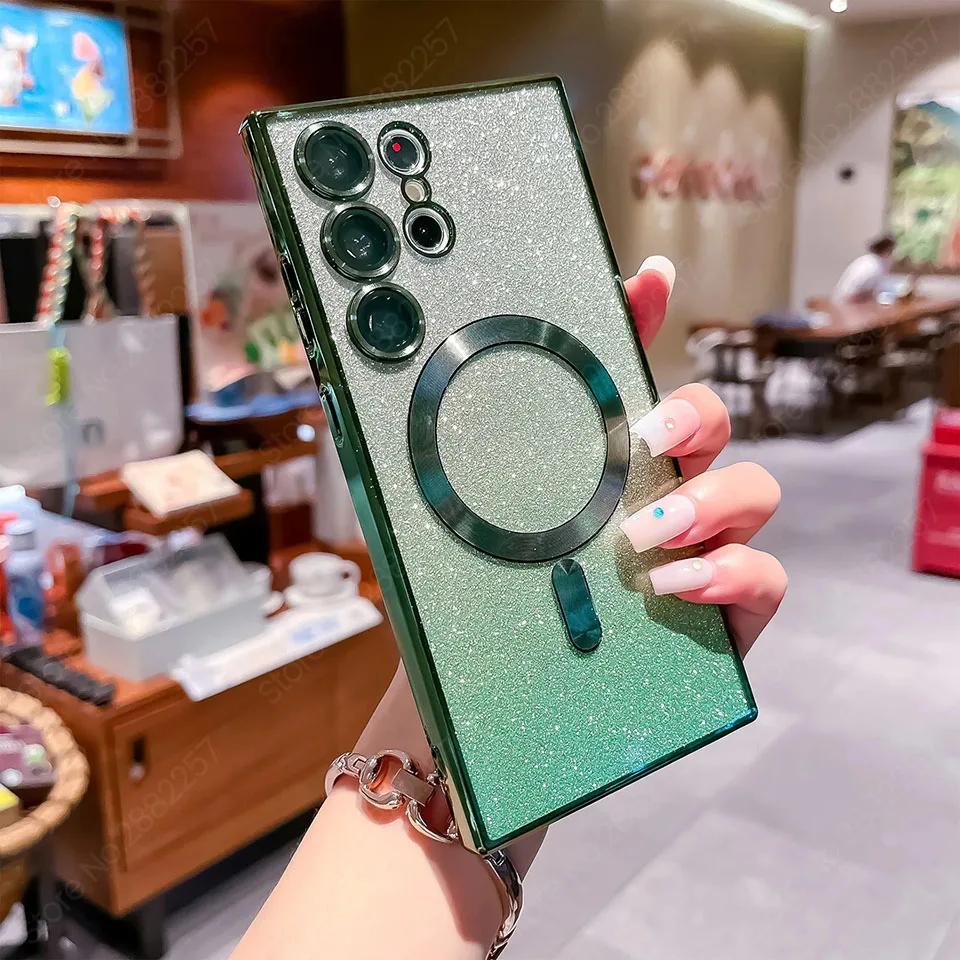 Роскошное гальваническое покрытие с блестками, магнитный чехол для Magsafe для Samsung Galaxy S21 FE S22 S23 S24 Ultra, чехлы для телефонов, чехол для беспроводной зарядки
