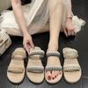 Летние новые плоские тапочки для женщин, плетеные пляжные туфли на плоской подошве, женские повседневные шлепанцы с открытым носком, с двойным ремнем, в стиле бохо