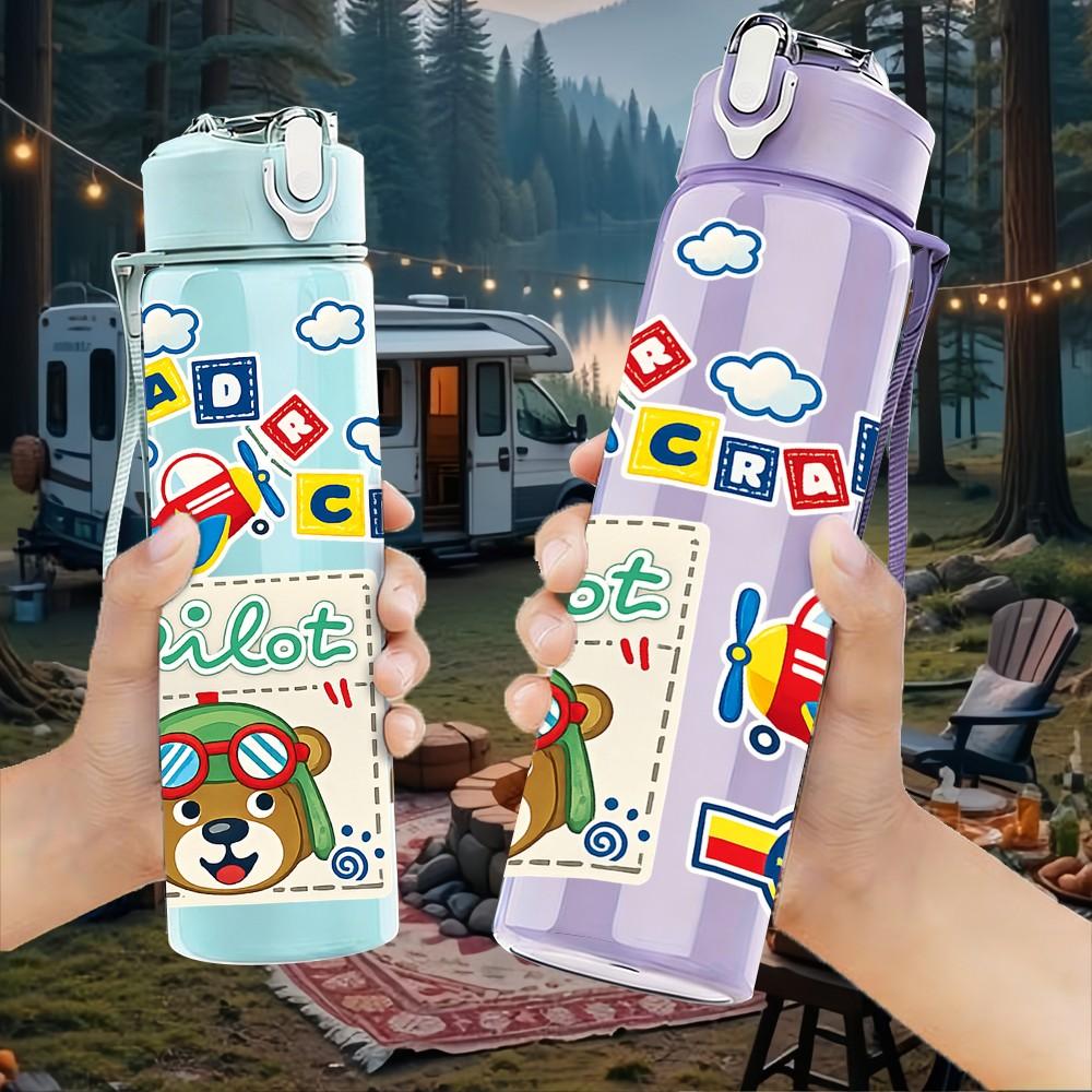 1PC Kids Toy Block Colorful Cartoon Print 750ml Color Plastic Sports Water Bottle Leakproof Flip Straw Lid Suitable for Sports Office Home Use