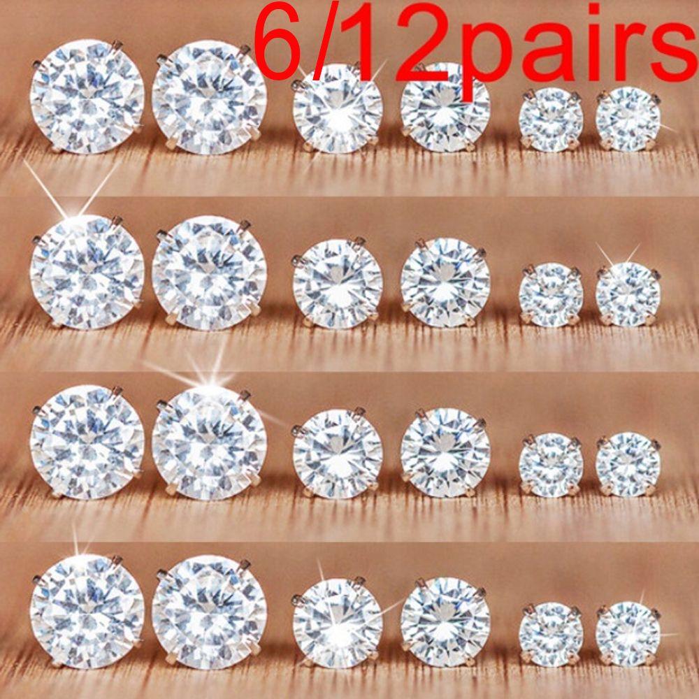 6/12Pairs Exquisite Women Jewelry Gift Geometric Crystal Stud Earrings Set Round Zircon Alloy Silver