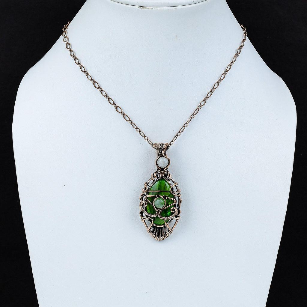 Сглаз, зеленый огонь, лабрадорит, кулон, медная проволока, кулон, кулон с лунным камнем, медные украшения, кулон с драгоценным камнем ручной работы, подарок для мамы