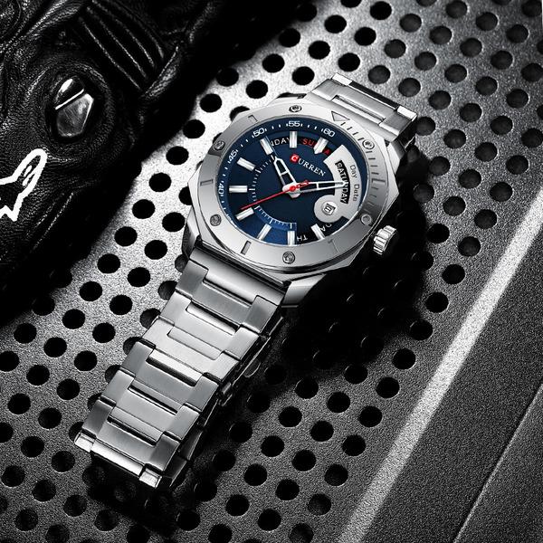 Мужские часы Модные Шикарные из нержавеющей стали Кварцевые Мужские часы с датой и неделей Выбор джентльмена