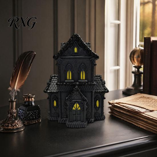 Gothic Cabinet Ornament Lighted Halloween Village House Statue with LED Light, Spooky Bookshelf Display Piece Black Figurine for Tabletop Holiday Home