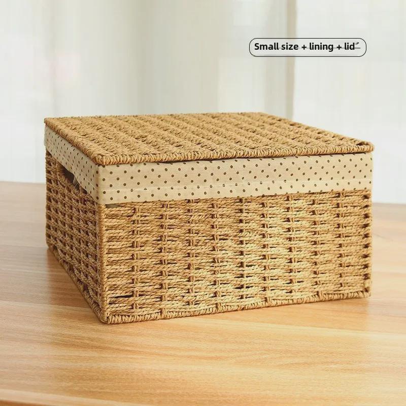 «Маленький плетеный соломенный ящик для хранения с крышкой для рабочего стола в спальне»