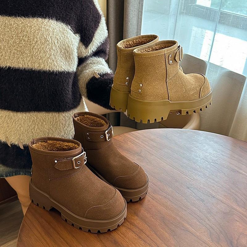 Модные зимние ботинки с пряжкой на ремне, женские, 2024, новые, ретро, теплые, бархатные, короткие, удобные, повседневные ботинки на платформе, прилив