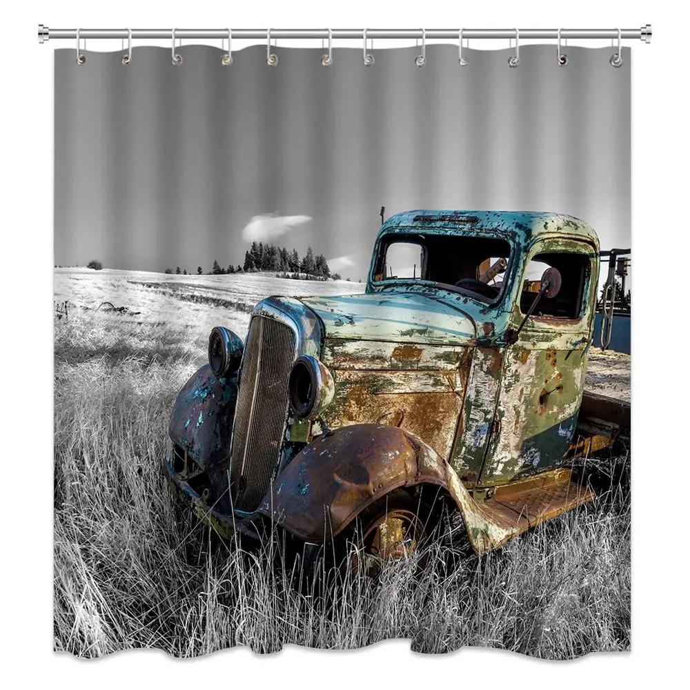 Rustic Shower Curtain Old Wooden Barn with Rusted Tractor Hillside Wooden Fence and Trees Cloth Fabric Bathroom Decor with Hooks