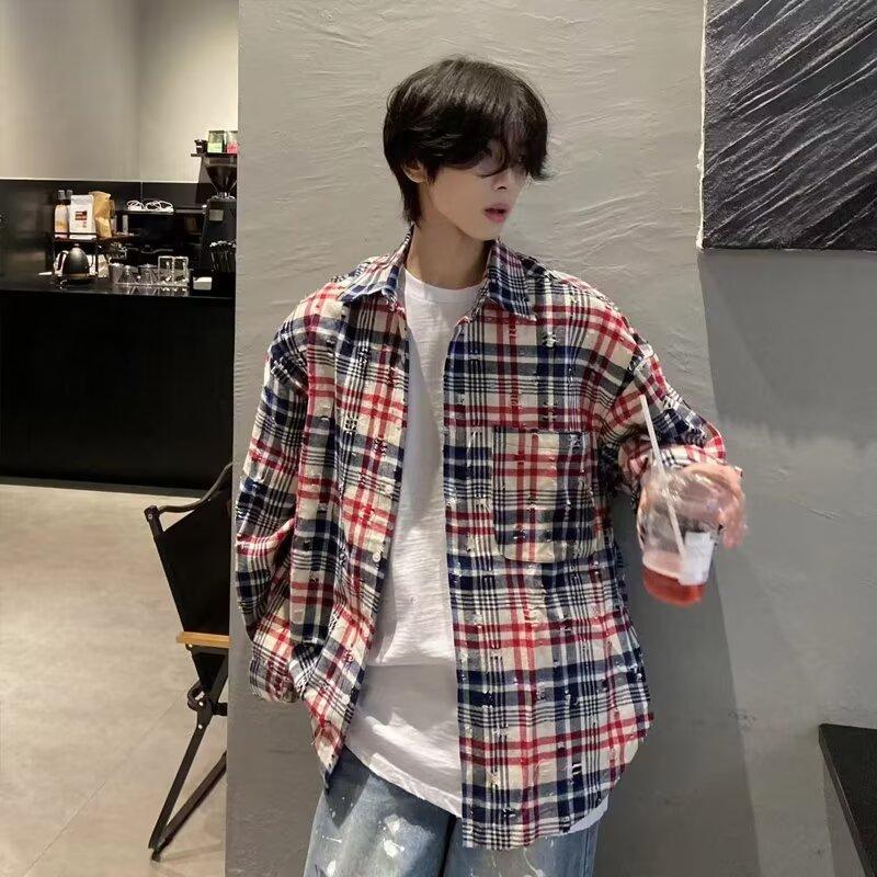 2024 Plaid Long Sleeve Shirt Japanese Hong Kong Style Ins Loose Shirt Boys Summer Trendy Versatile Casual Coat
