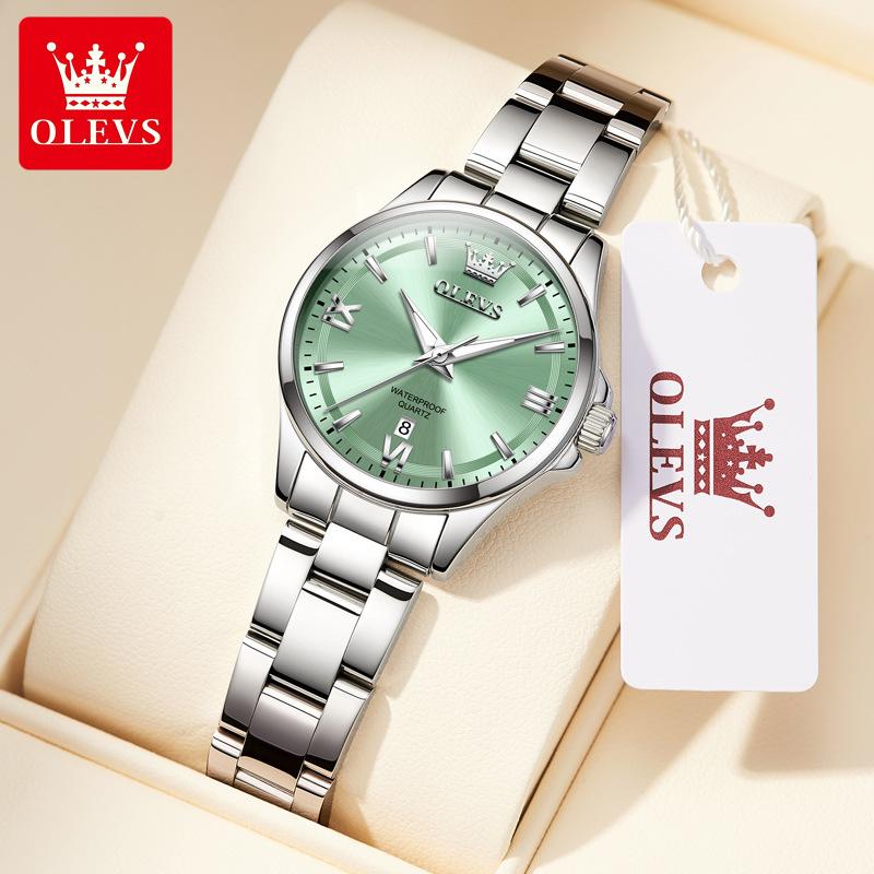 OLEVS Original Womens Quartz Watch Solid Stainless Steel Waterproof Calendar Ladies Watch Fashion Simple Elegant Wristwatch