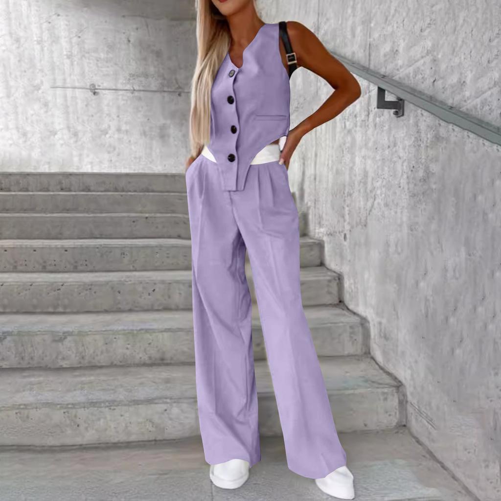 Женская летняя мода, повседневный жилет на пуговицах, комплект брюк, женская одежда