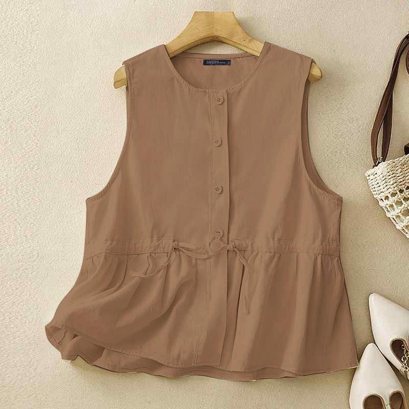 ZANZEA Женские летние рубашки с круглым вырезом без рукавов на завязках