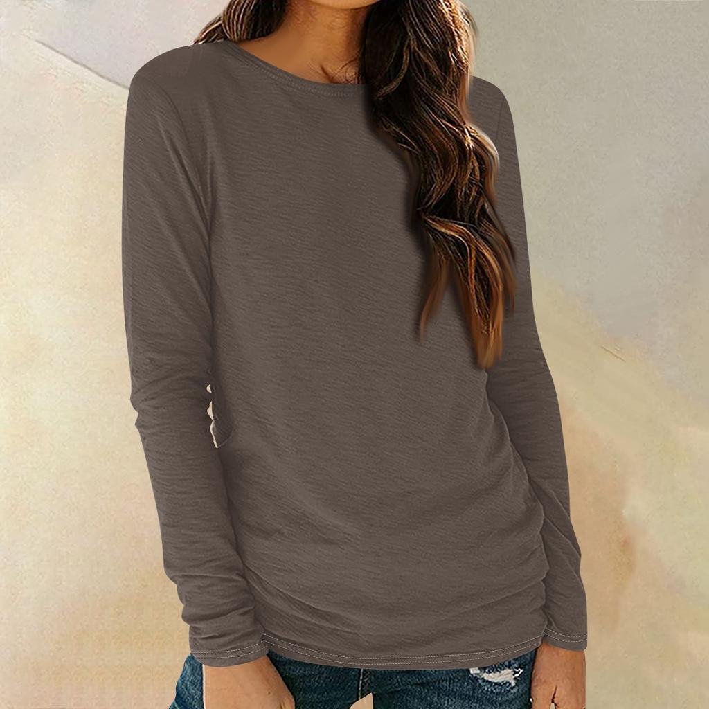 Womens Long Sleeve Round Neck Shirts Basic Tee Casual Top Fall Trendy Tunic Outfits Fitted T Shirts