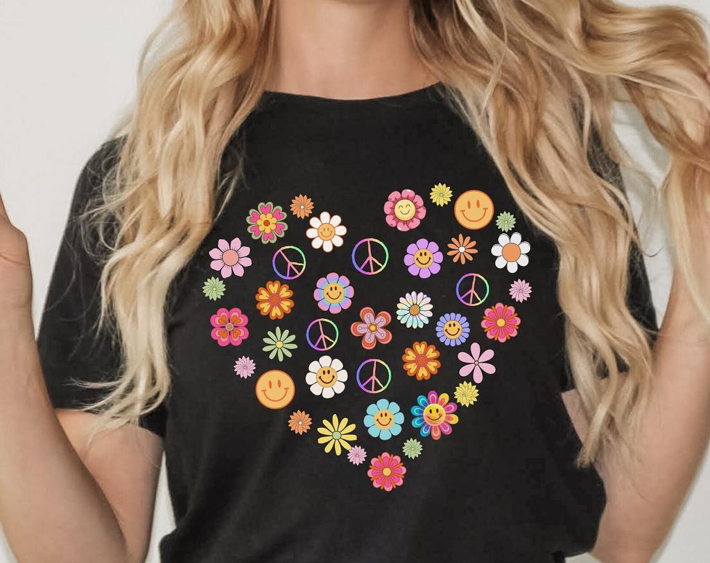 Retro Hippie Heart T-Shirt, Flower Power, Smiley Face