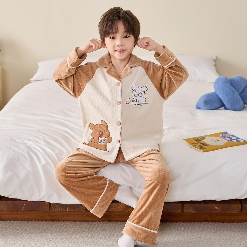 Kids Flannel Pajamas Set Boys Girls Warm Long Sleeve Top And Pants Sleepwear Winter Home Nightwear
