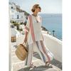 Japanese-style vertical stripe ramie bamboo fiber top for women, summer loose casual versatile V-neck shirt pants set