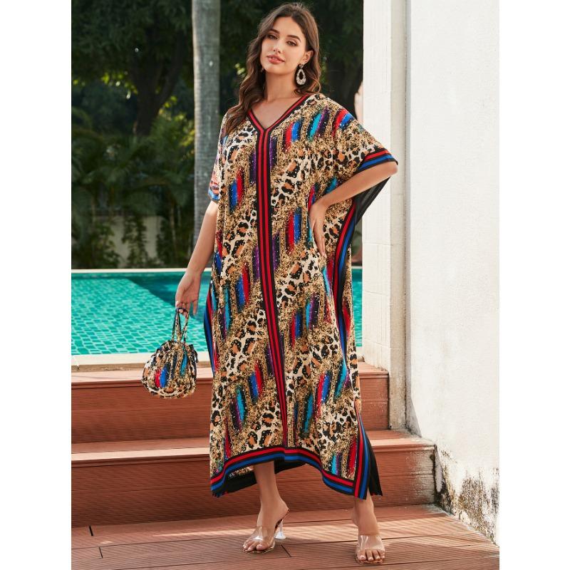 Женская мода лето весна леопардовый принт рукава 1/2 V-образный вырез свободная талия повседневные платья
