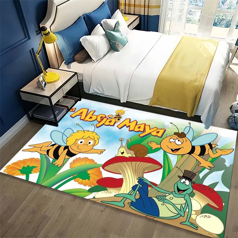 Maya The Bee Cartoon Character Mushroom Flower Garden Print Area Rug Non‑Slip Rectangular Floor Mat Home Decor