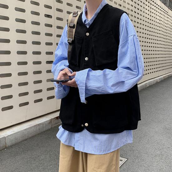 Мужской жилет-карго без рукавов, однобортный дизайн с карманами, спортивный однотонный жилет, уличная уличная одежда