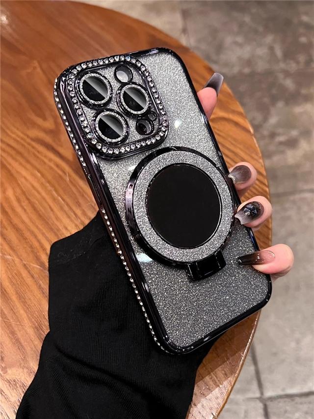 For iPhone 16 Pro Max Luxury Plating Flash Mirror Holder Stand Diamond Frame For iPhone 11 12 13 14 15Plus Lens Protective Cover