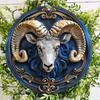 Aries Zodiac Ram Wooden Wall Decor, Round Metal Sign Weather-Resistant Artwork Door Hanger or Wreath Decoration