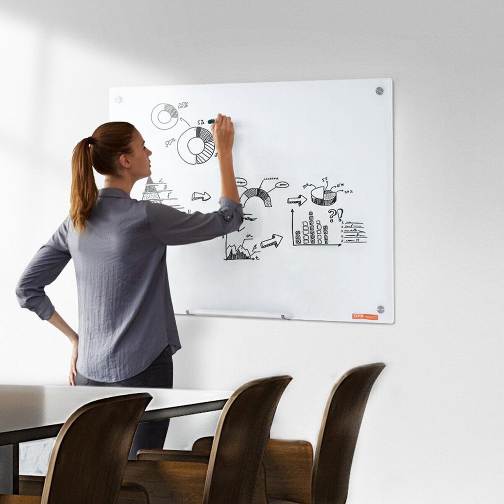 Magnetic Glass Whiteboard, Dry Erase Board 900 x 600 mm, Wall-Mounted Large White Glassboard Frameless, with Marker Tray, an Eraser and 2 Markers,