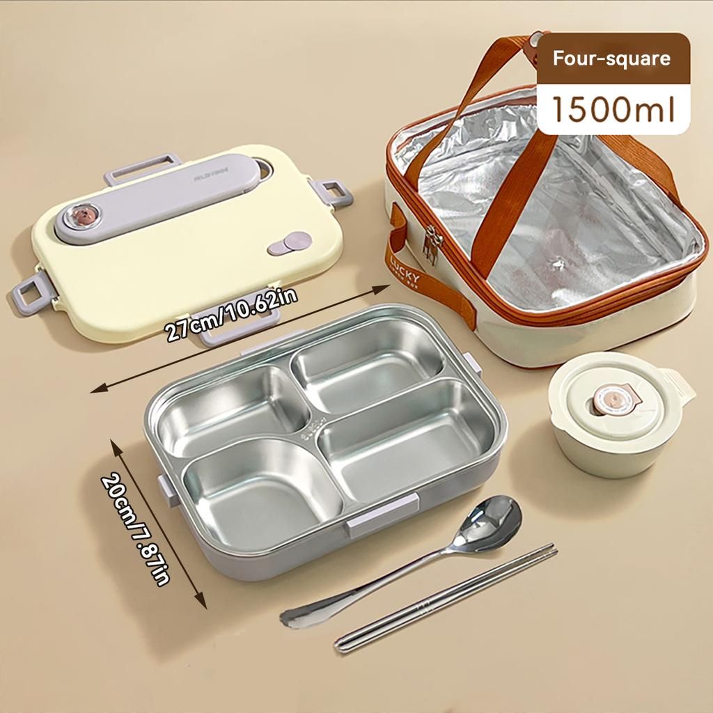 4/5 Grids Portable Bento Box With Bowl & Cutlery 304 Stainless Steel Divided Lunch Box Microwave Heatable Lunch Container Set