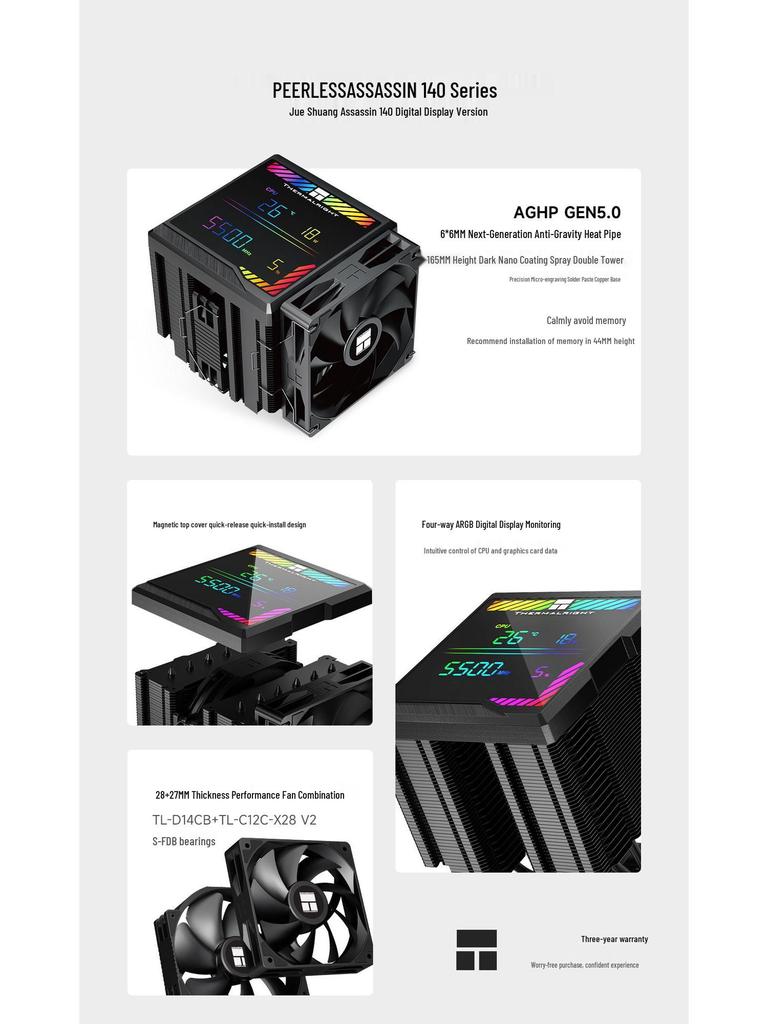 Thermalright PA140 Black Air Cooler with Dual Towers, 6 Heatpipes, ARGB Digital Display & Monitoring Screen