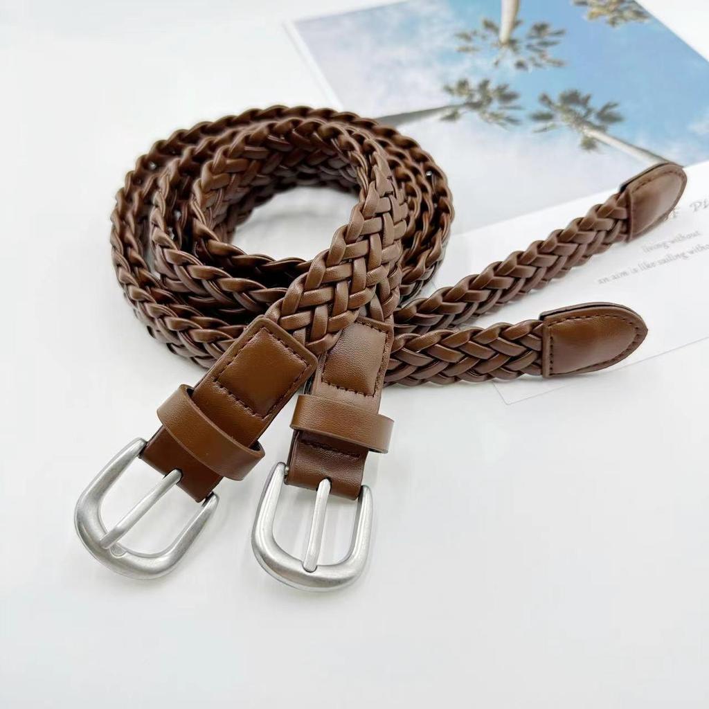 Женский ретро коричневый плетеный кожаный ремень с серебряной пряжкой-иглой - Универсальный для джинсов и повседневной одежды