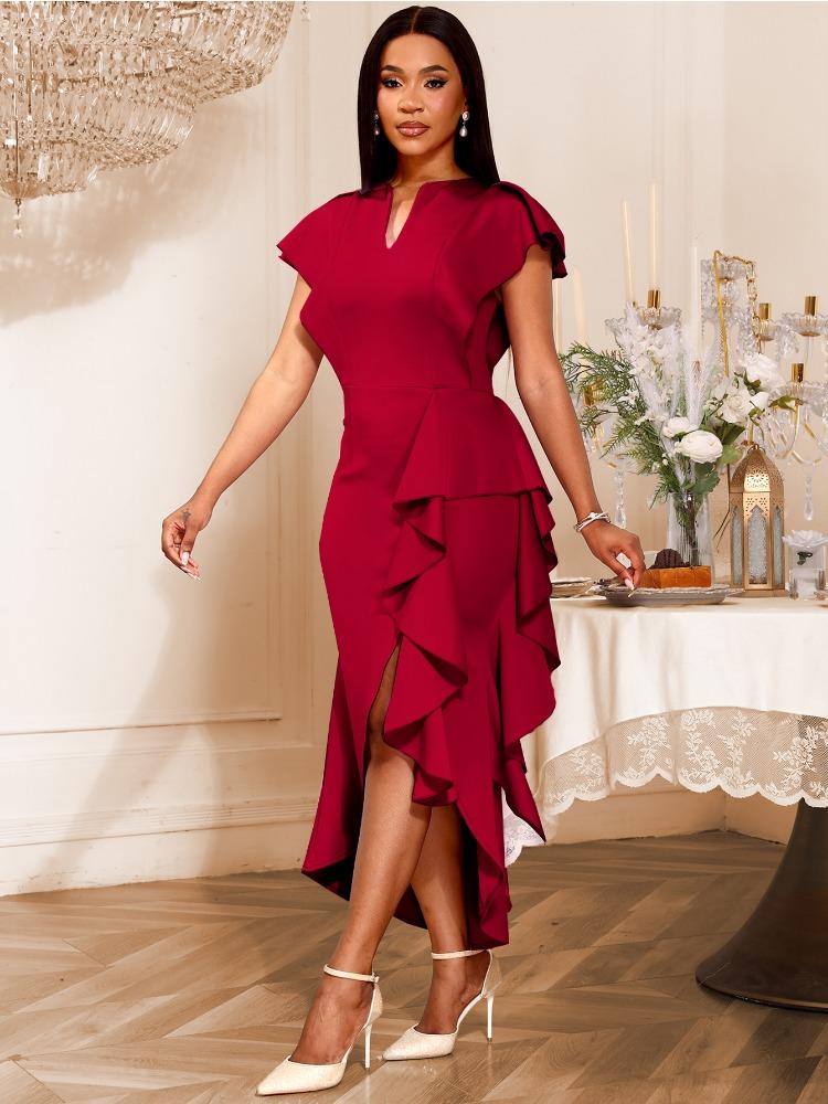 Women Luxury Guest Wedding Party Dresses Elegant V Neck Short Ruffles Sleeves Irregular Slit Bodycon Slim Classy Fashion Gowns