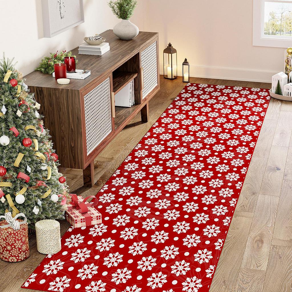 Red Snowflakes Christmas Hallway Runner Rugs Washable Low Pile Non-Slip Door Mat Snowflake Rug for Bedroom Home Decor