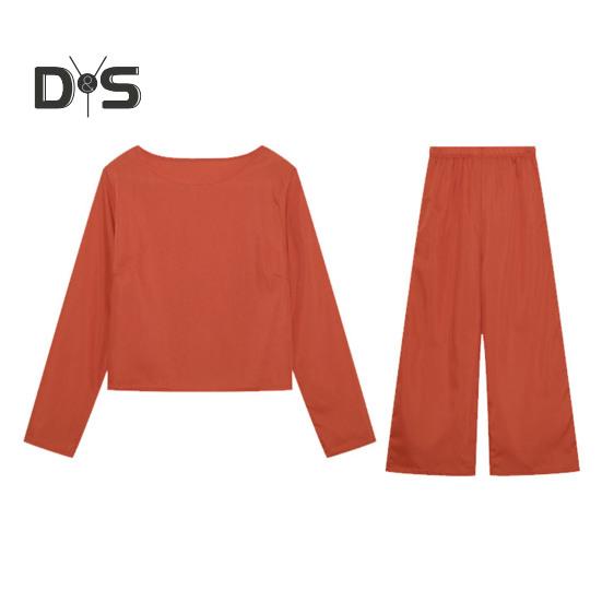 2 Pcs/Set Fall Spring Women Top Pants Set Long Sleeves Round Neck T-shirt Elastic Waist Trousers with Side Pockets OL Commuting Sport Pantsuit Outfit