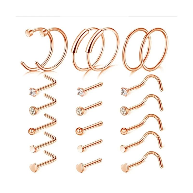Комплект для пирсинга носа, перегородка, ноздри, кольца и шпильки из нержавеющей стали, хрустальный ювелирный обруч для пирсинга носа, 20 г, L-образный носовой ноготь