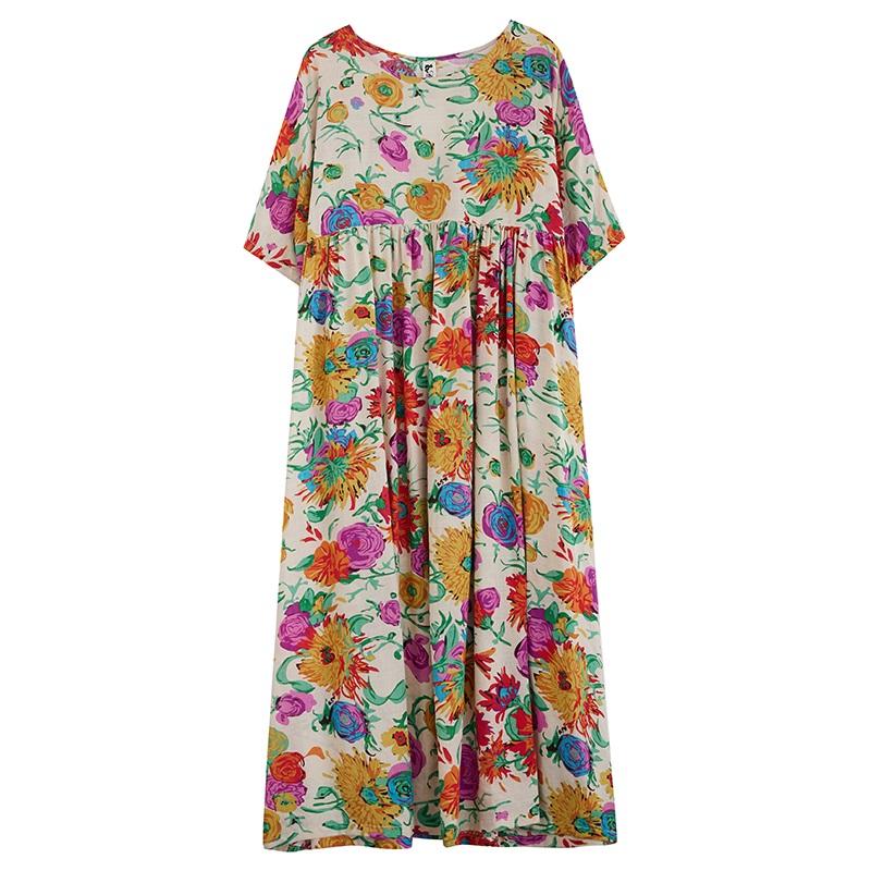 Новое хлопковое платье больших размеров с коротким рукавом и цветочным принтом для женщин, повседневное свободное длинное летнее платье