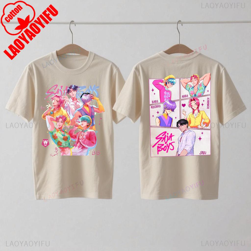 Saja Boys Kpop Охотники на демонов Двусторонняя хлопковая футболка Huntrix Мерч Охотника на демонов Футболки Jinu Saja Эбби Тайна Романтика Малыш Саджа