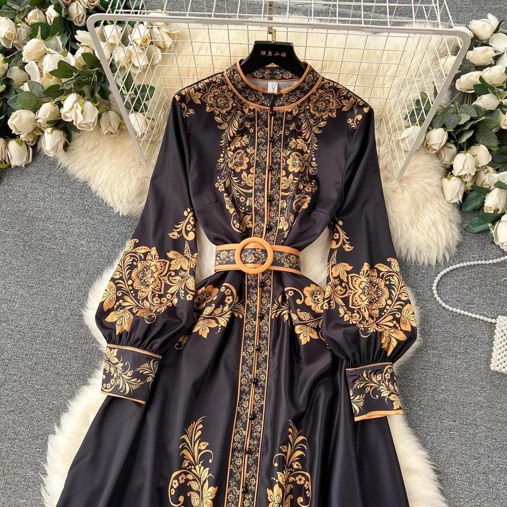 New Fashion Runway Red And White Porcelain Dress Women's Stand Long Lantern Sleeve Blue Floral Print Shirt Robe Dresses