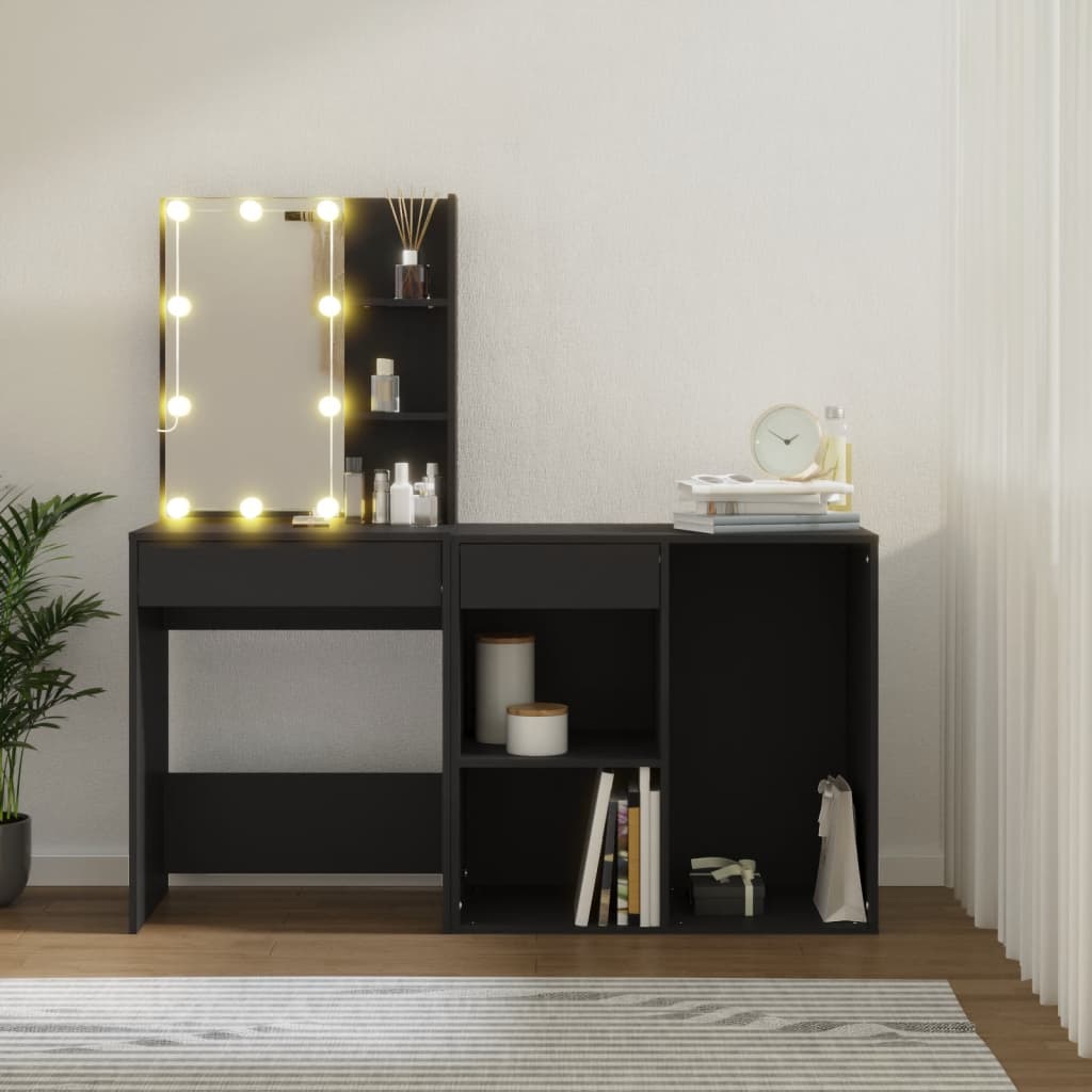 LED Vanity Table with Cabinet Black Wood Based Material