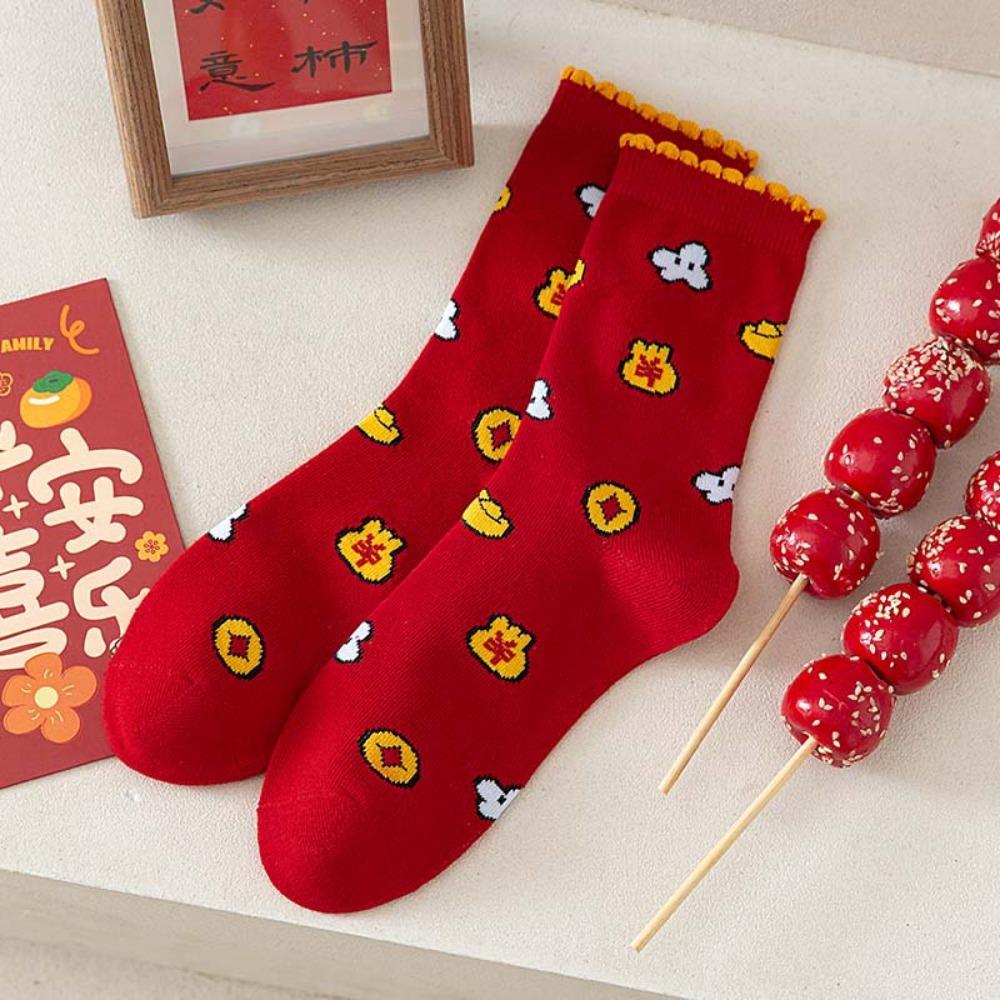 5Pairs Good Luck New Year Red Sock Ruffle Zodiac Year Socks Sweet Snake Year Socks New Year Gifts