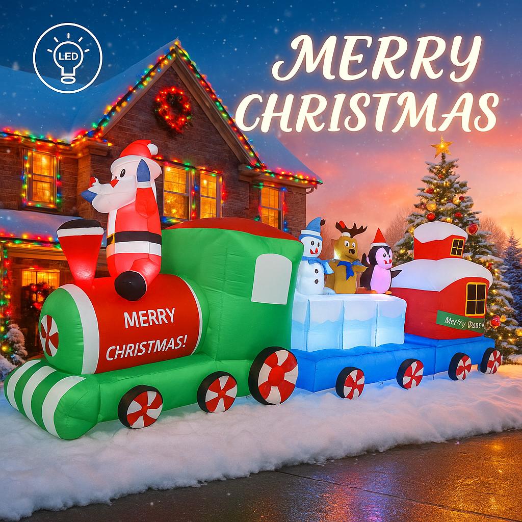 8.85FT Christmas Inflatable Toys LED Train Decoration Santa Claus Friends Supplies Home Ornament Festive Gift Xmas Yard Decor