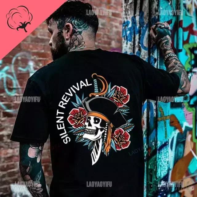 Готические футболки Harajuku Biker Skull Graphic T Shirts Men Fashion Trend Short Sleeve Tops Dark Punk Skulls Retro T Shirt Male Oversize Tee