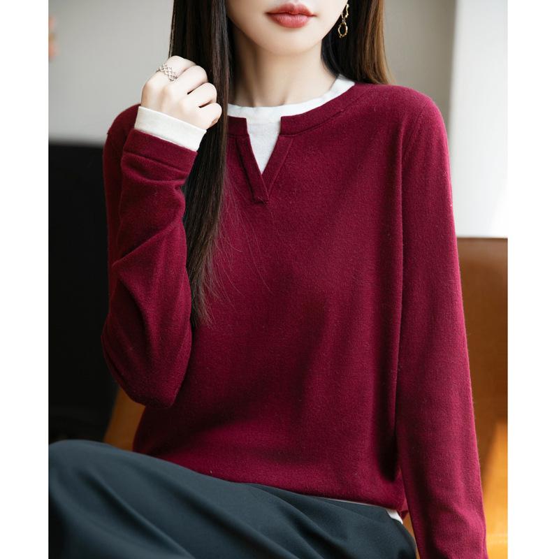 Женский осенне-зимний трикотажный пуловер с длинным рукавом, универсальный топ, имитация костюма-двойки с круглым вырезом