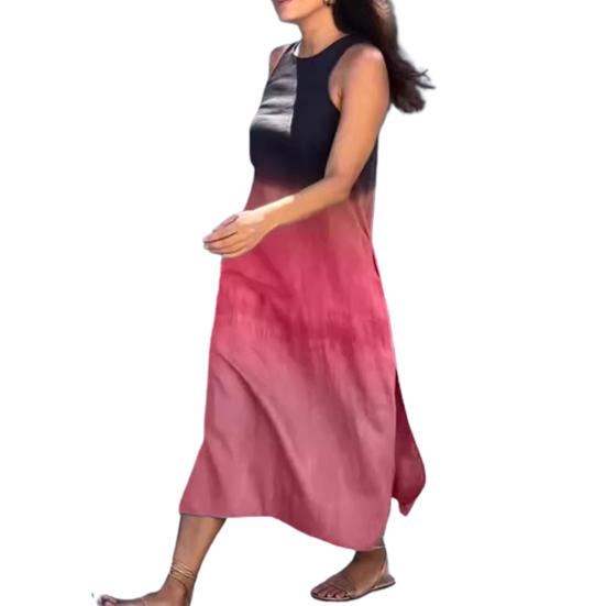 Летнее женское платье с градиентом и цветными блоками, без рукавов и с круглым вырезом, свободное до середины икры, вечерние пляжные платья миди для свиданий и отдыха