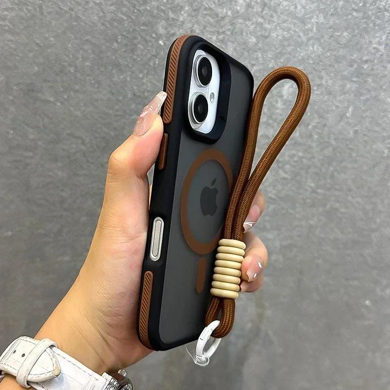 Роскошный матовый чехол для телефона Magsafe со шнурком для iPhone 17 16 15 14 13 12 11 17 Pro Max Air Магнитный цветной бампер Задняя крышка