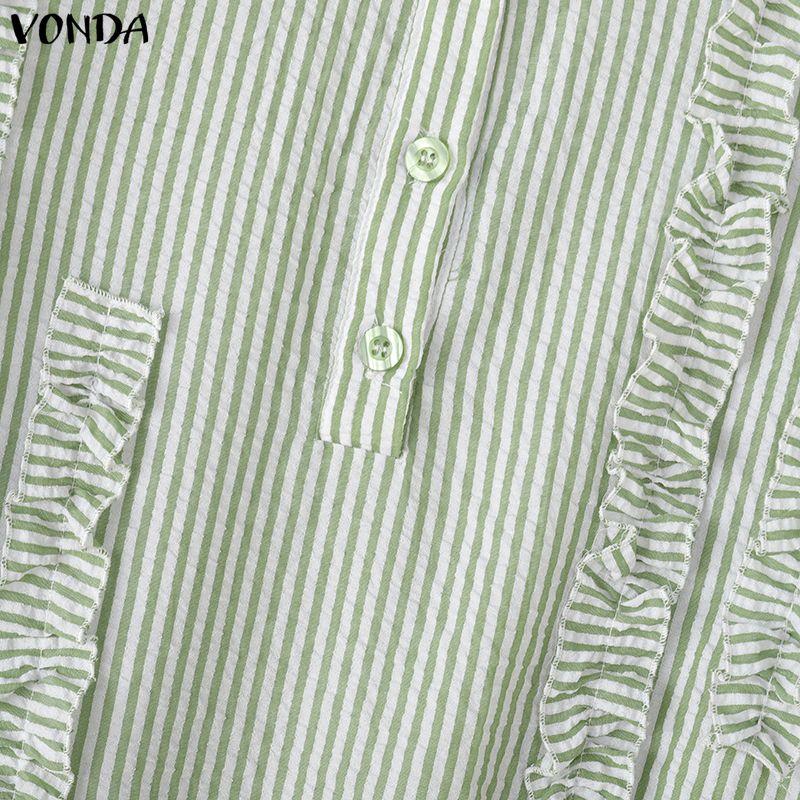 VONDA Женское повседневное свободное платье-рубашка с отложным воротником, длинными рукавами, полосатое, с оборками