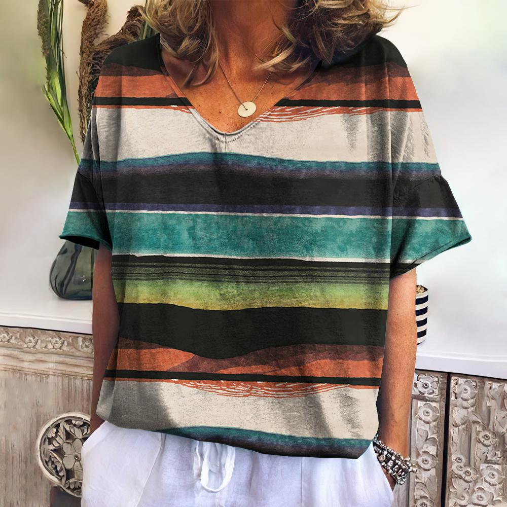 Summer Women's T-shirt Landscape V-neck T Shirt Ladies Fashion Short Sleeve Tops Retro Streetwear Fashion Clothes Female Casual