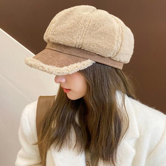 Winter Octagonal Cap Thick Plush Short Brim Contrast Color Keep Warm Peaked Cap Literary Retro Style Headwear for Work Travel Daily Wear