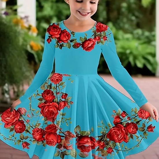 Повседневное платье для девочки с 3D-принтом, круглым вырезом и длинными рукавами, детское платье принцессы