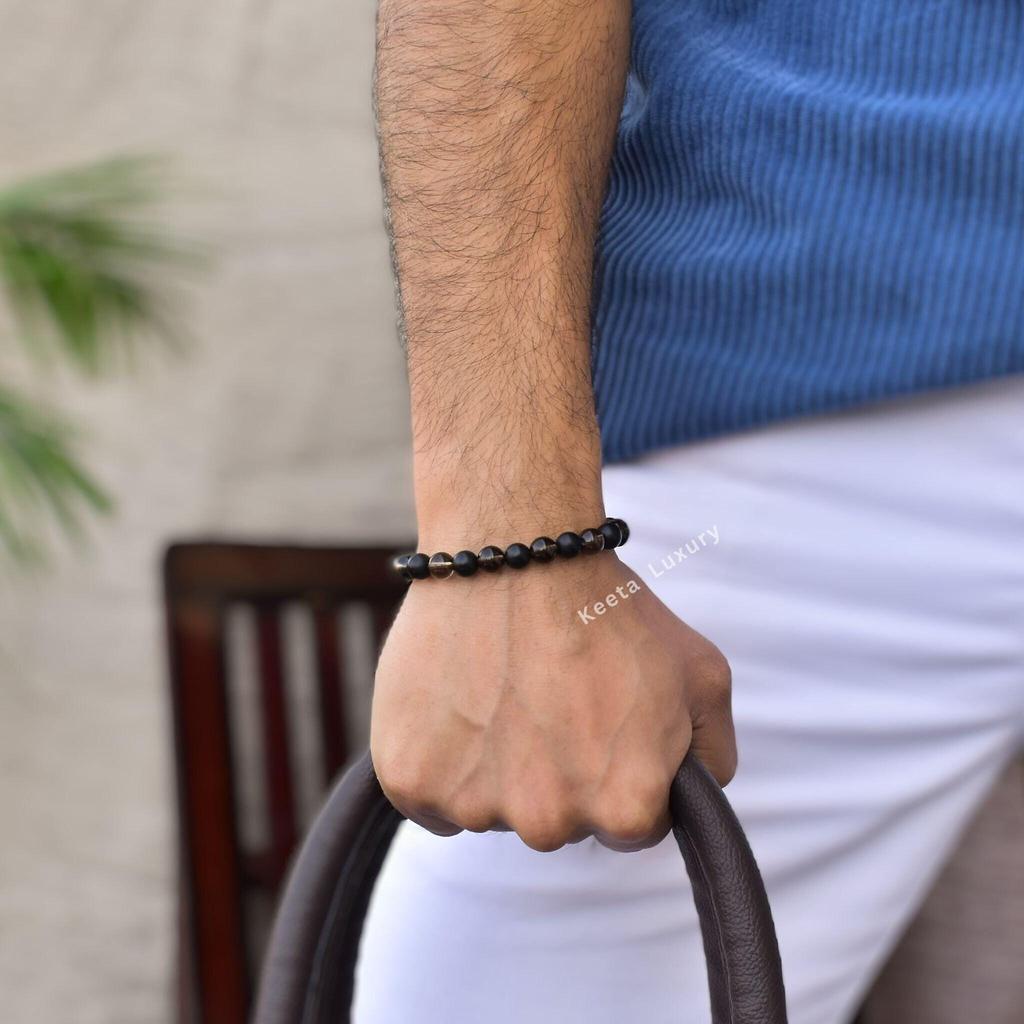 Genuine Smoky Quartz and Onyx beaded bracelet Beaded Gemstone unisex Stretchable Bracelet Healing Gemstones Unique friendship bracelet
