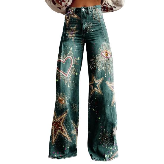Women Jeans Button Zipper Fly Straight Leg Denim Pants with Pockets Digital Flower Print Long Trousers Streetwear